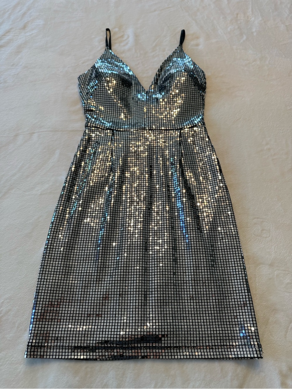 Silver Sequin Mini Dress with Spaghetti Straps